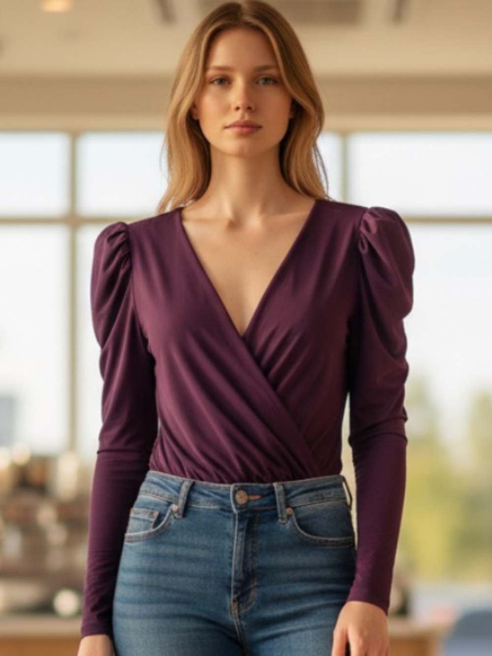 Astr Deep Plum Draped V-Neck Snap Bodysuit